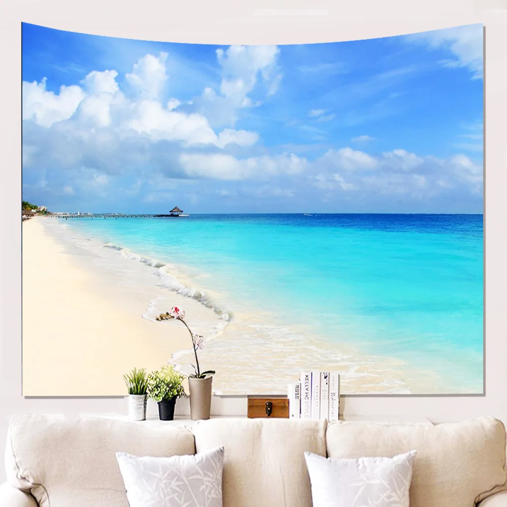 Seaside Tapestry Wall Hanging Blue Sky Beach View Window Boho Decor Dorm Carpet for Home Blanket | Дом и сад