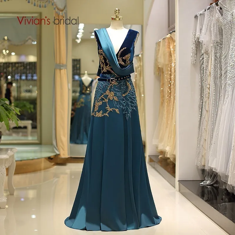 Женское вечернее платье Vivian's Bridal длинное мягкое сатиновое с глубоким вырезом и