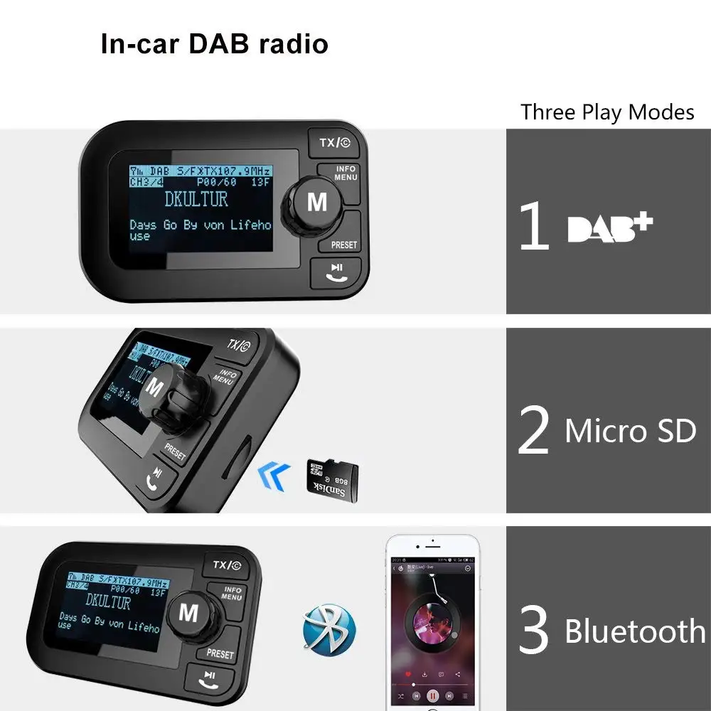 Plug and Play DAB Transmitter Portable DAB + Digital Radio Adapter with Bluetooth FM Transmitter + 3.5mm Aux-out + USB Car Cha Plug and Play DAB Transmitter Portable DAB + Digital Radio Adapter with Bluetooth FM Transmitter + 3.5mm Aux-out + USB Car Cha