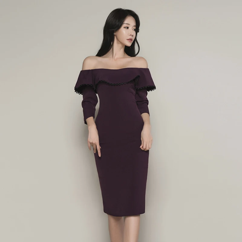 

Women autumn new wear temperament with solid of Korea slash neck off the shoulder wrist package buttocks thin knee-length dress
