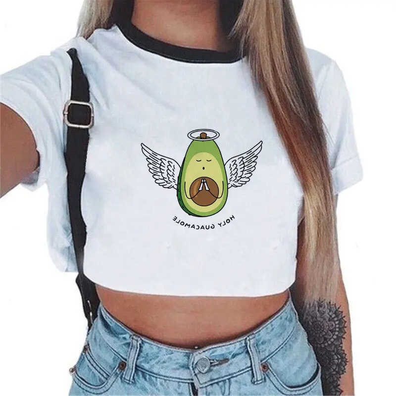 

Harajuku Kawaii Cute Cartoon Vegan Avocado Print Korean Fashion Friends Crop Top Women T Shirt Casual Vegan Tee Shirt Haut Femme