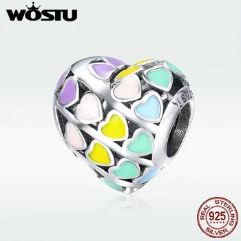 

WOSTU New Design 925 Sterling Silver Multi-Color Hearts Charms Bead fit Silver DIY Bracelet Bangle European Jewelry Gift DXC902