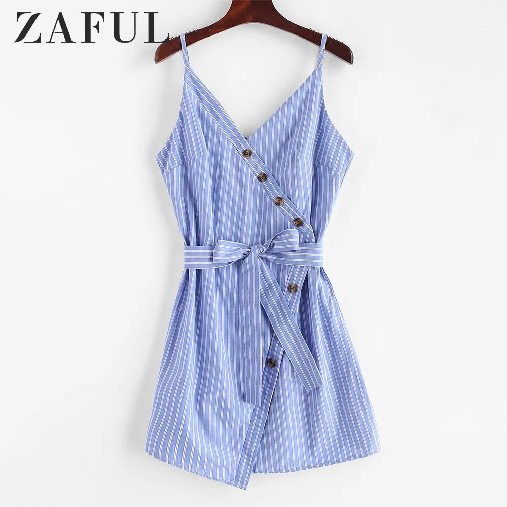 

ZAFUL Buttoned Stripes Belted Mini Dress Spaghetti Strap Striped A-Line Dress Sleeveless Casual Sexy Summer Dress Women 2019