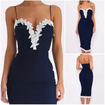 

Sexy Women Bodycon Strappy V Neck Lace Flower Evening Party Lady Midi Dress