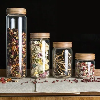 Borosilica Glass Storage Jars Bottles Sets Sealed Cans With Wood Lid For Spices Tea Coffee Candy Bulk Airtight Container Mason 1