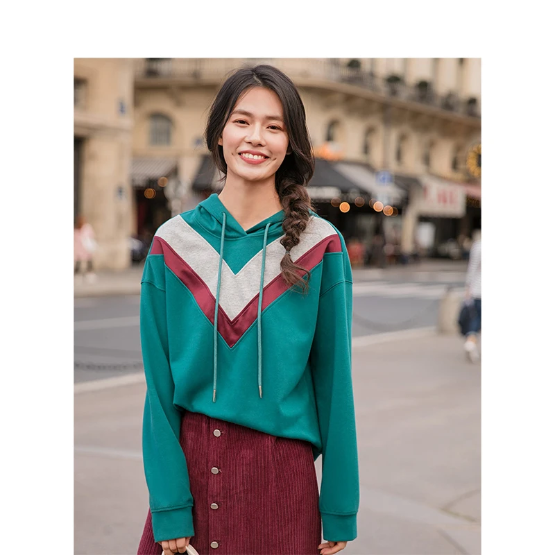  INMAN Spring Hooded Drawstring V Pattern Print Causal Loose Style Women Fashion Girl Sweatshirt