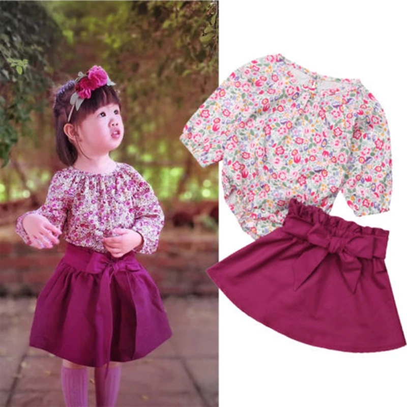 

CANIS 2018 Sweet Princess Fashion Floral Print Romper+Bowknot Skirt Outfit Flower Dress For Kids Girls 0-24M