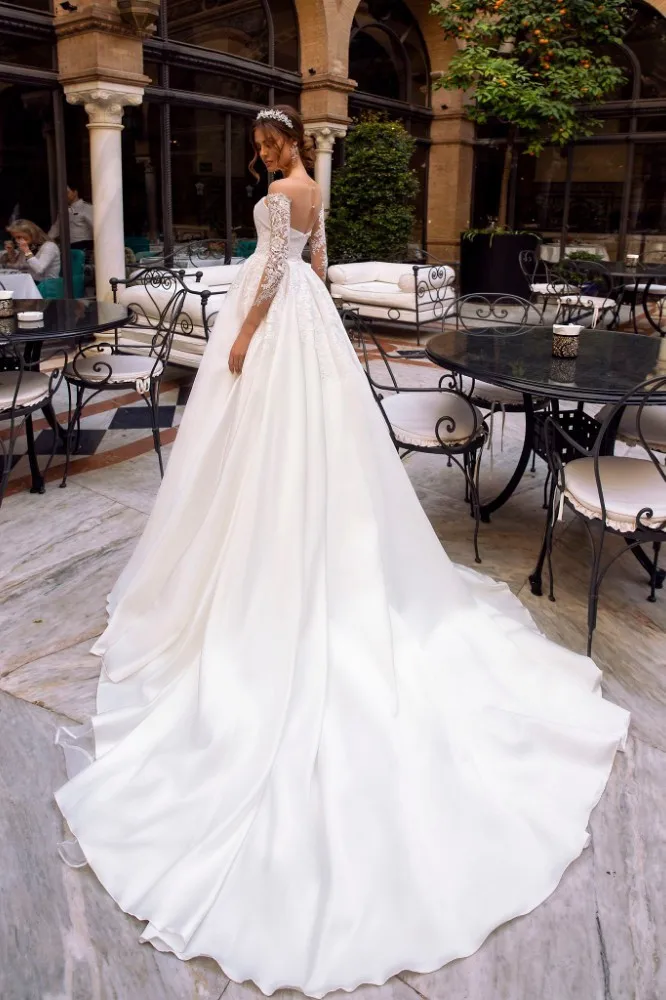 Vivian's Bridal винтажное атласное светоотражающее свадебное платье трапециевидной формы с кружевом длинный рукав аппликация со шлейфом, свадебное платье, пошитое по индивидуальному заказу