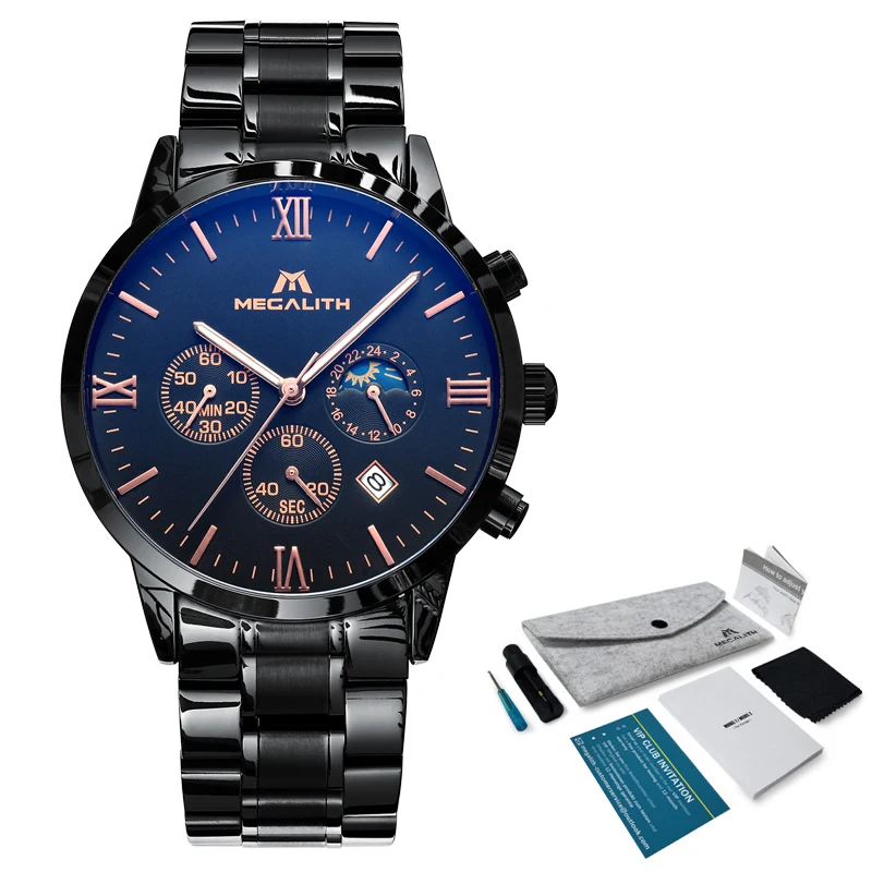 MEGALITH Fashion Casual Watches With Chronograph Date Calendar Waterproof Black Stainless Steel Sport Military Wristwatch Mens MEGALITH Fashion Casual Watches With Chronograph Date Calendar Waterproof Black Stainless Steel Sport Military Wristwatch Mens
