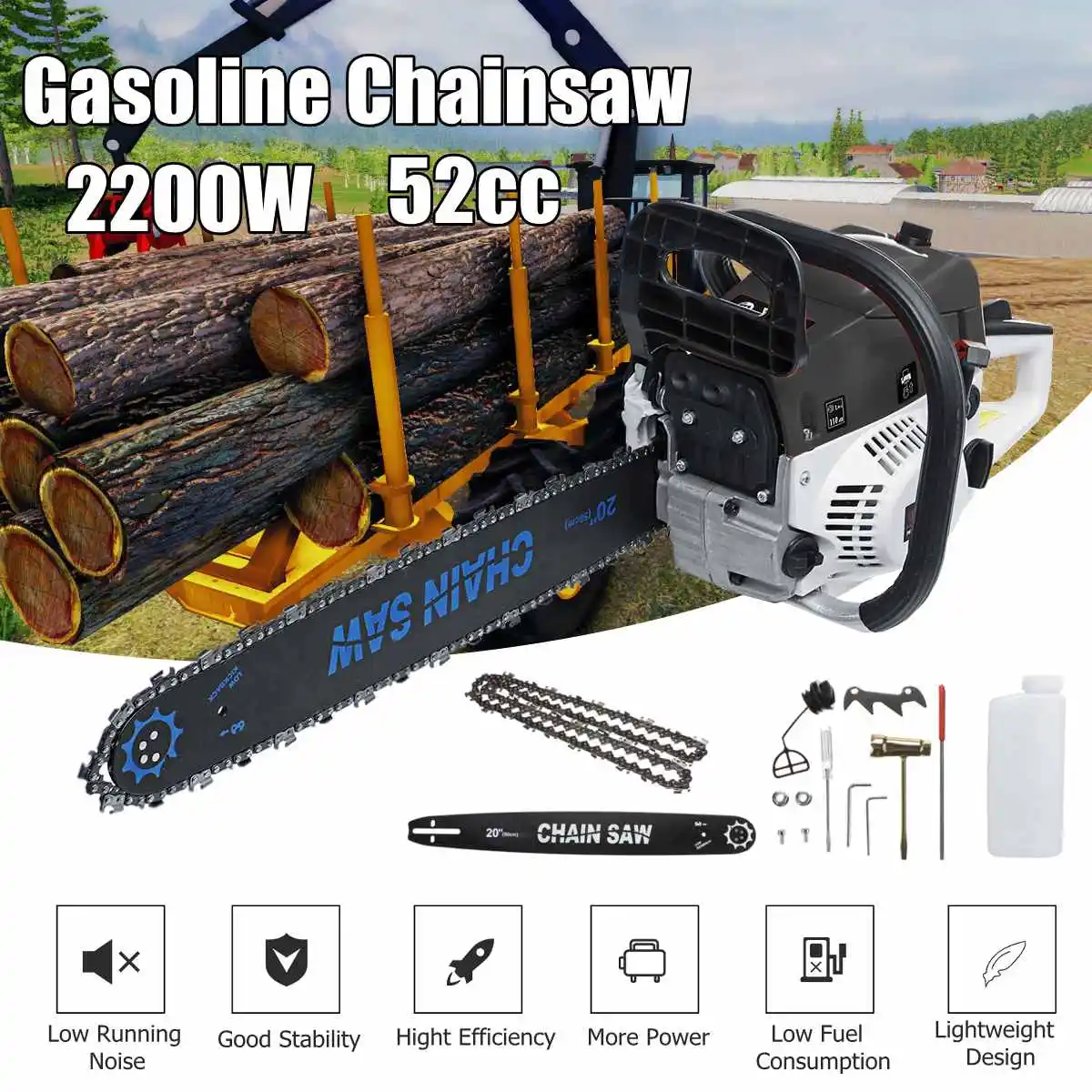 

52CC Chainsaw 20'' Gas Powered Gasoline Chainsaw Saw Blade with Chains Bar Cover and Tool Kit for Garden Home