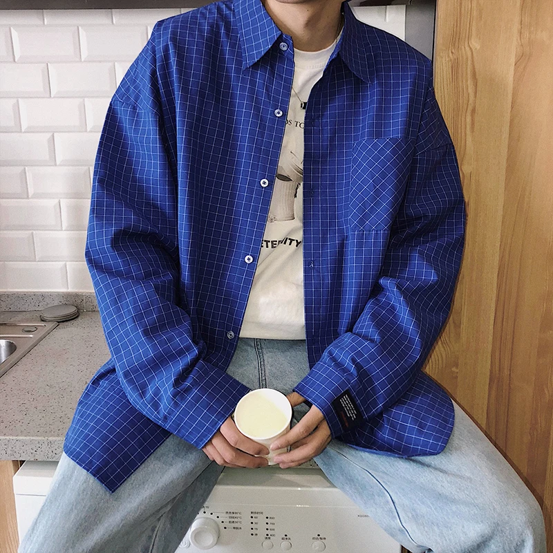 2019 весна и осень новая мужская маленькая клетчатая рубашка Гонконг Молодежная рубашка с длинными рукавами нижняя рубашка синий/белый M-2XL