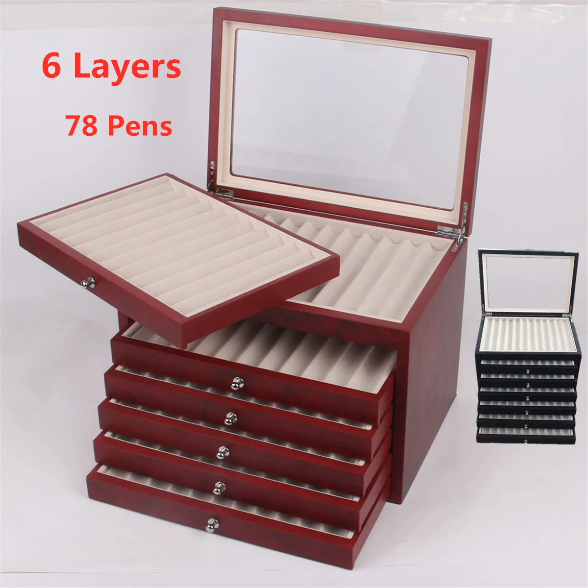 

6 Layer 78 Pen Fountain Wood Display Case Holder Large Capacity Wooden Pen Box Storage Collector Organizer Box Black Red