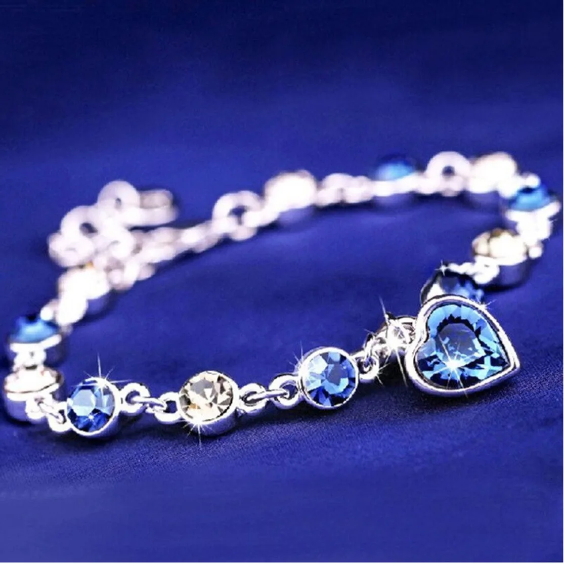 Трендовые синие браслеты из сплава циркония для женщин, регулируемый размер, серебряная цепочка в форме сердца, женские браслеты, браслеты