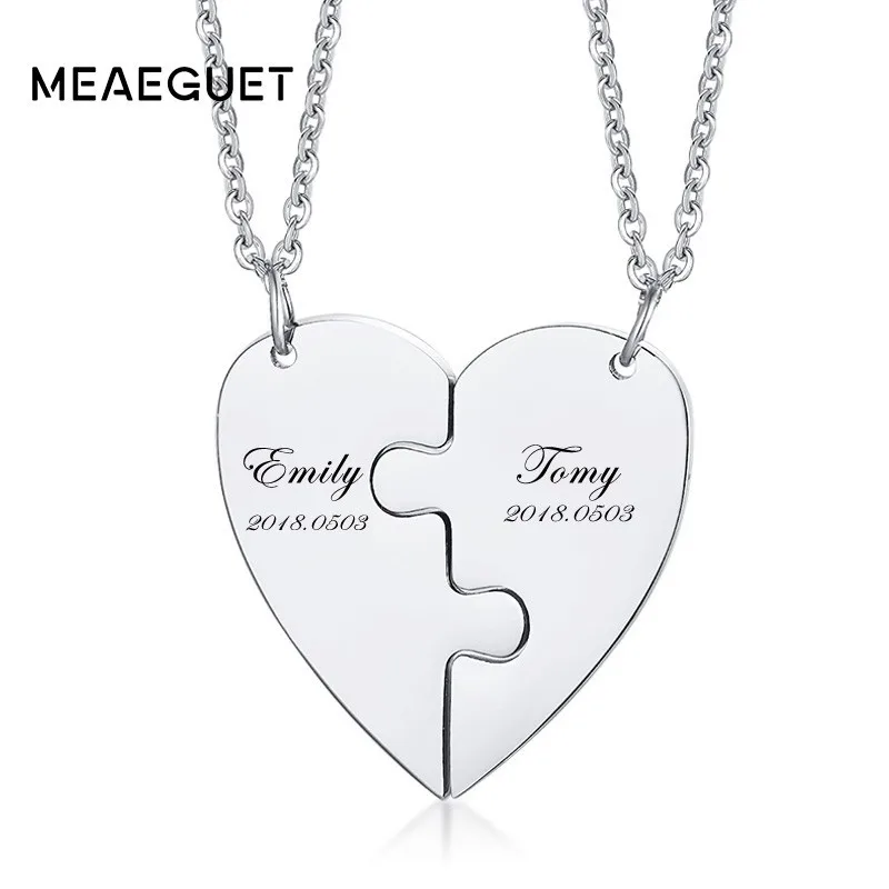 

Custom Couples Necklace Personalized Engraving Name Date Stainless Steel Heart Puzzle Friendship 2Piece Valentines Day Collar