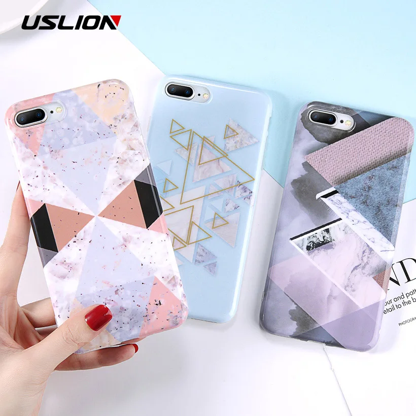 

USLION Phone Case For iPhone 7 XS Max XR X Geometric Stitching Marble Pattern Back Cover For iPhone 6 6s 7 8 Plus TPU Soft Cases