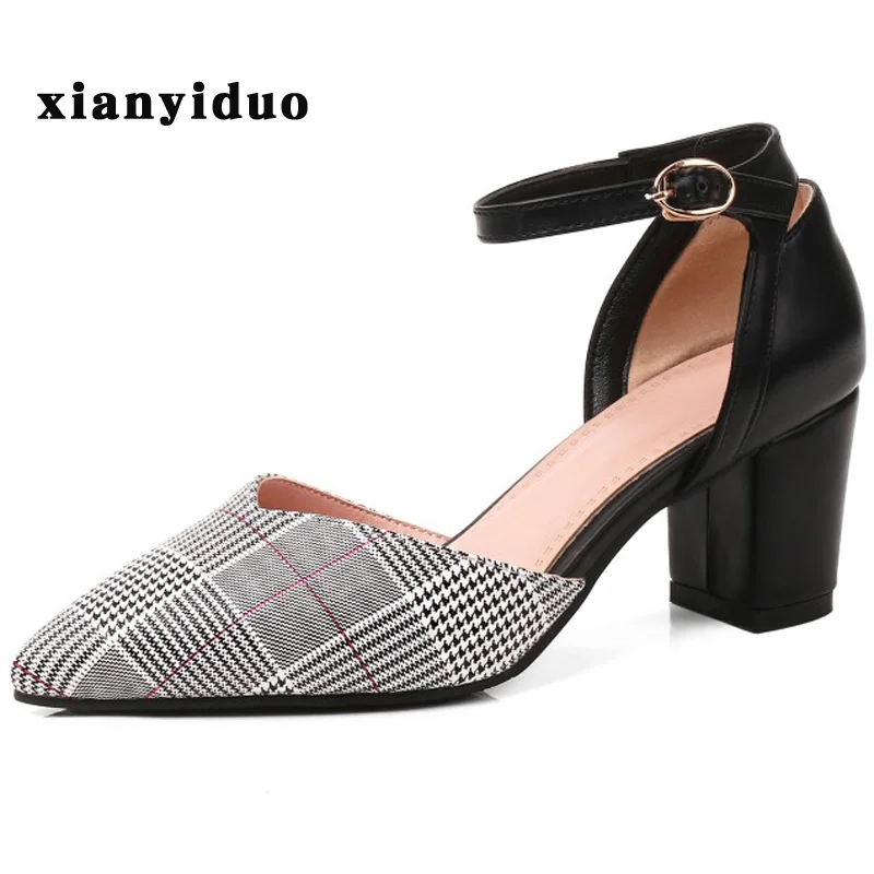 

2019 new Summer Womens shoes Gingham Closed toe Block high Heel Pointed Toe sandals party fashion big size 34-46 /828-12