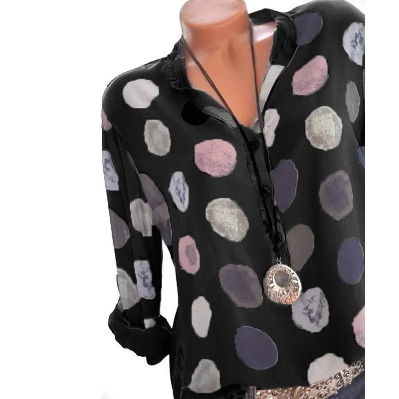 Женская шифоновая рубашка в горошек с длинным рукавом модный Повседневный пуловер Camisas Femininas женские Топы шифоновая блузка рубашка
