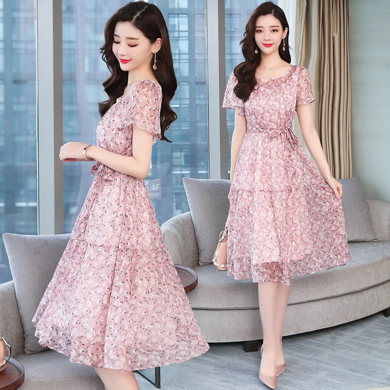 Chiffon Summer Midi Slim Women Pink Casual Dress Long Elegant Korean Lady Plus Size Chic Short Sleeve Runway Vestido De Fiesta