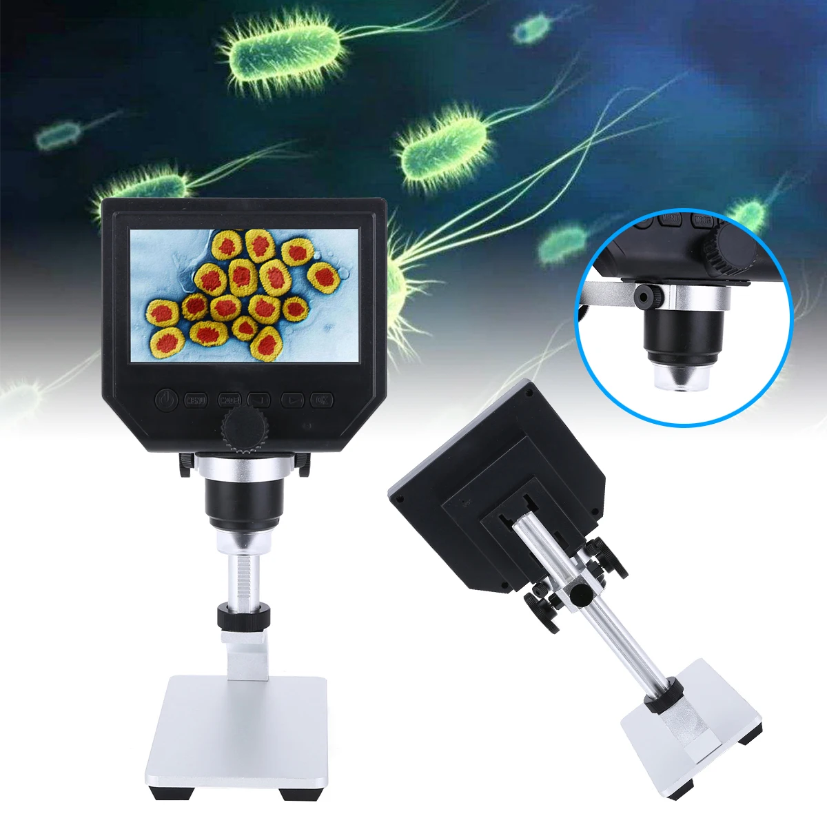 

New EU Plug USB Digital Microscope Set 4.3 inch LCD 1-600X Desktop 8LED Studio Lab Electronic Microscope 3.6MP Camera