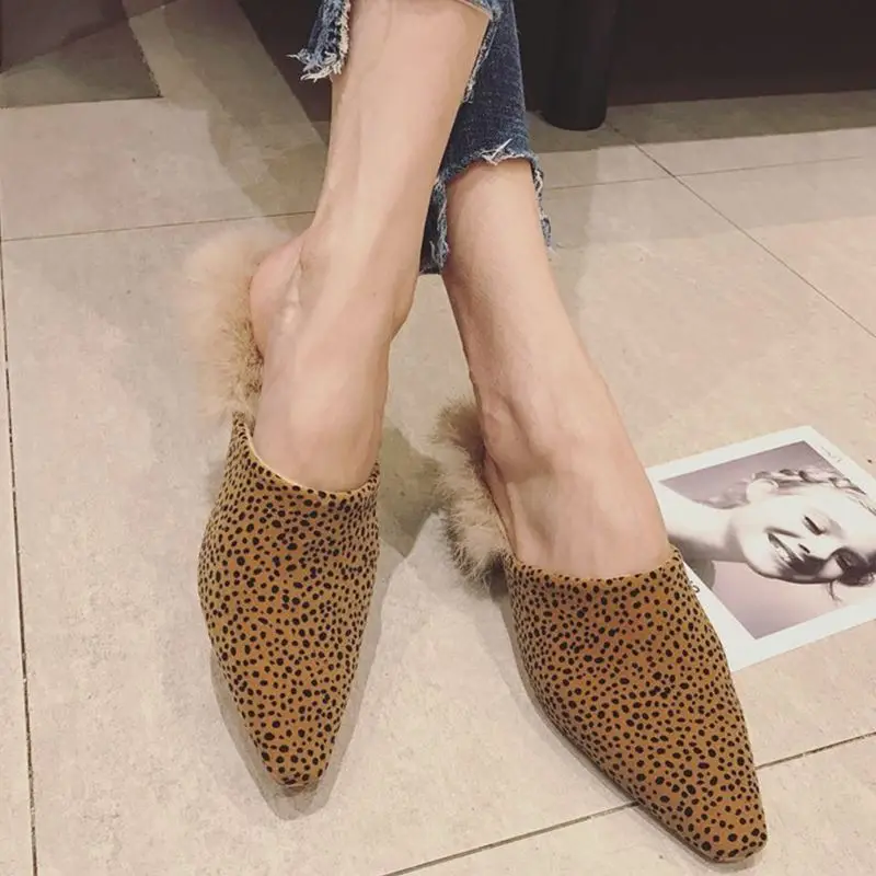 

RY-RELAA slippers women's shoes spring and summer new leopard fur slippers women's slippers large size 10 rabbit fur slippers
