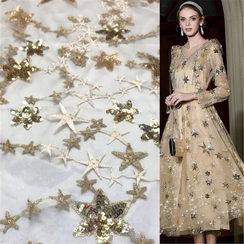 

1Yard Sequins Lace Fabric Shining Star Tulle Mesh Material Fabric For Bridal Gown Dress Clothing Curtain Accessories 91cm*130cm