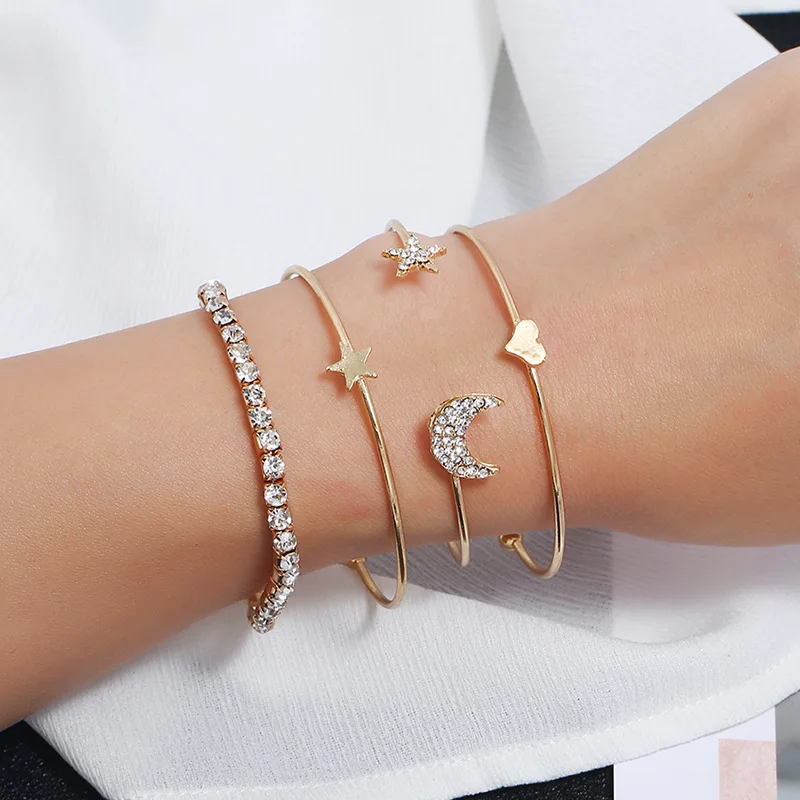 

Silikolove 4pcs/set Bracelets Handmade Women Accessories Minimalist Female Personality Moon Star Pattern Bangles