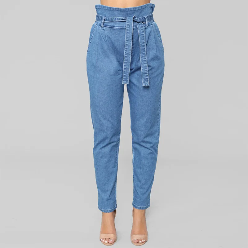 

Vintage High Waist Jeans Women Paperbag Waist Ruffles Belted Slim Jeans Ladies Casual Jeans For Women Sashes Denim Pencil Pants