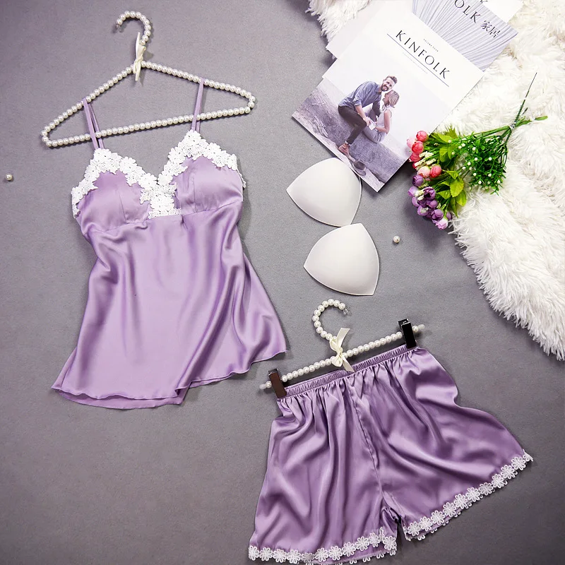 

Modis Fashion Women 2 Piece Pajamas Lace Solid Plus Size Pad Remove Sleepwear Mujer Sling+shorts Sexy 2019 Summer Lingerie