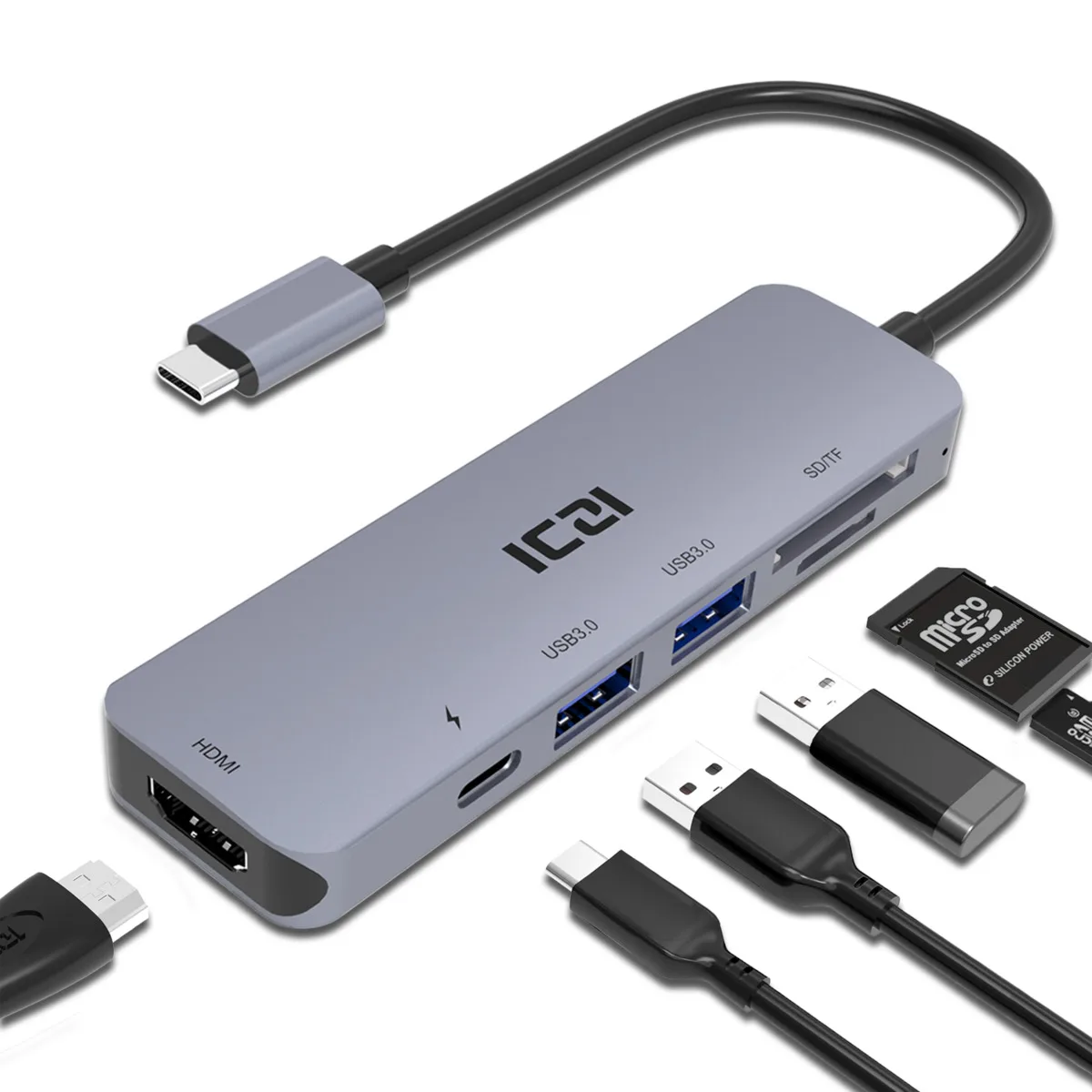 Kopen ICZI 6 in 1 USB C HUB Multifunctionele type C tot 4 k HDMI USB 3.0 SD TF Card Converter voor Macbook Pro 2017 Laptop Accessoires