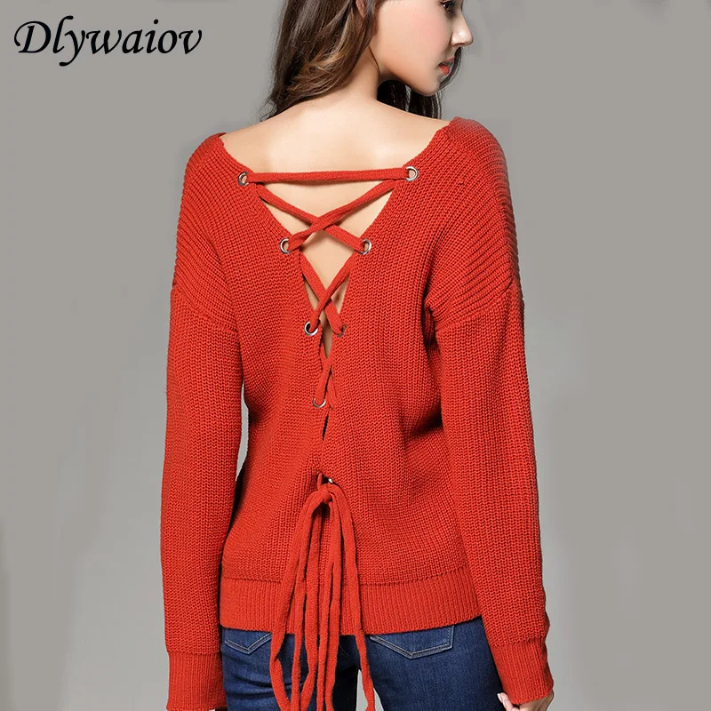 Sexy Open Back Lace up Sweater Women Pullover V Neck Fashion Large Size Knitted Casual Long Sleeve Elastic Force Female Tops