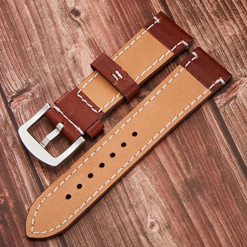 TOP Quality 22mm Smooth Genuine Leather Watch Band Strap Black Dark Brown Vintage Watchbands Belt Silver Black Buckle