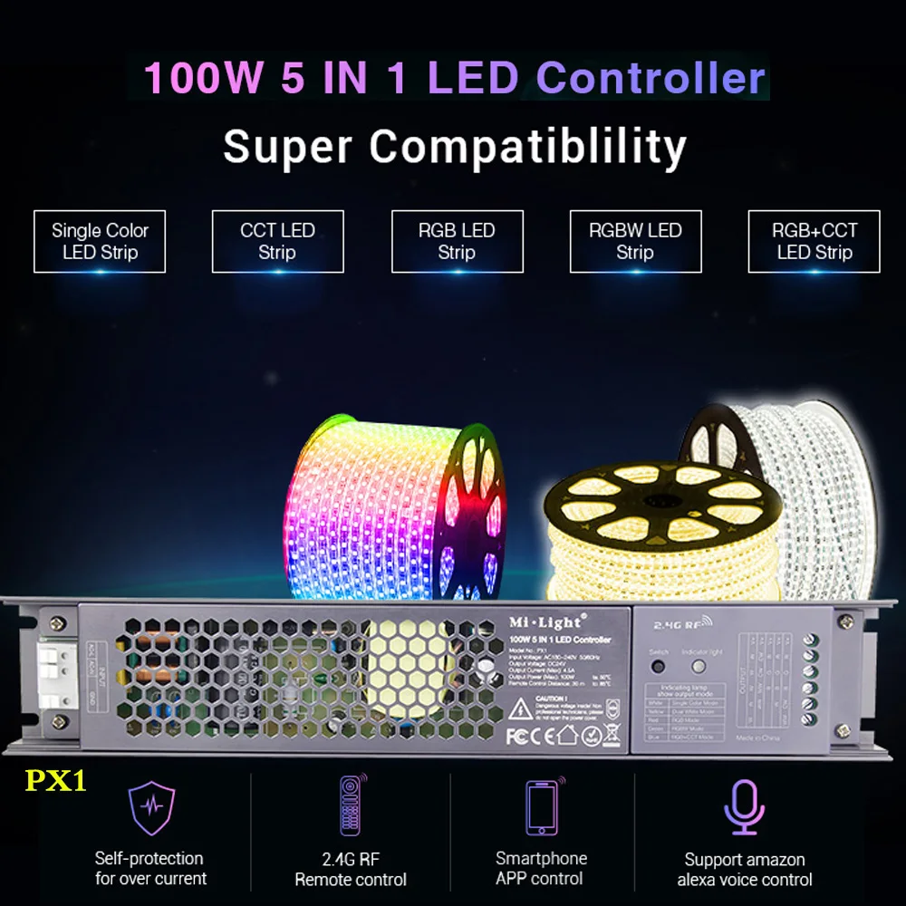 

100W 5 IN 1 LED Controller Built-in driver for DC24V single color/RGB/RGBW/RGB+CCT LED strip can 2.4G RF/APP/alexa voice control