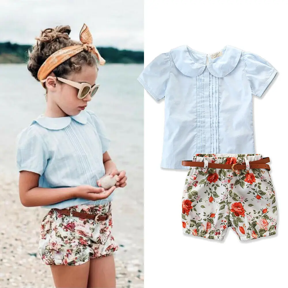 

2019 Newest Style Toddler Baby Girls Spring Summer Top T-shirt+Floral Shorts+Belt Fashion Outfits Set Sunsuit 1-6Years