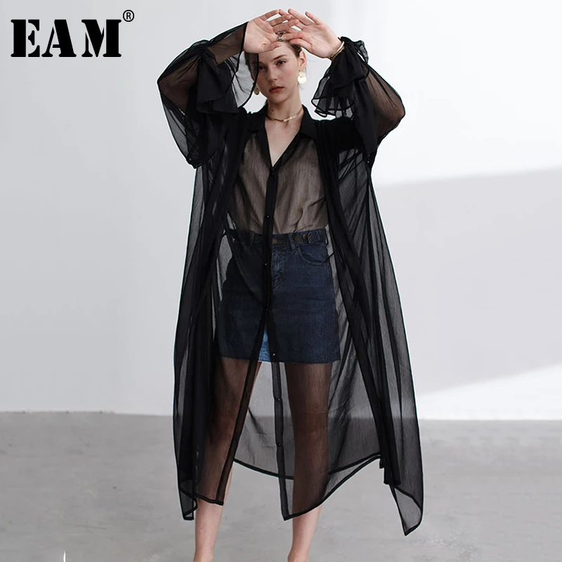 

[EAM] 2019 New Autumn Winter Lapel Long Sleeve White Loose Long Big Size Chiffon Oveesize Shirt Women Blouse Fashion Tide JT065