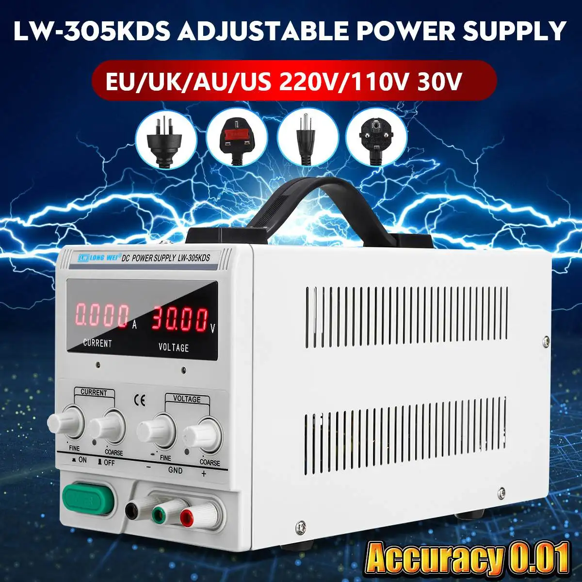 

LONG WEI LW-305KDS 30V 5A 110/220V DC Power Supply Regulated Adjustable 0.01 Precision Variable Digital Lab