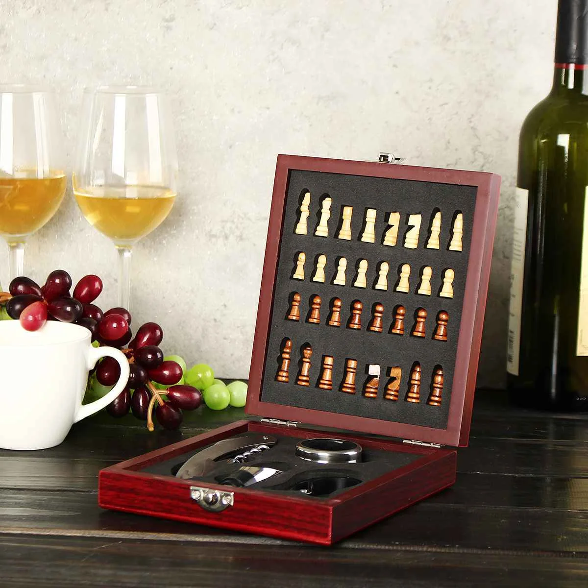 

4pc/set Wine Opener Tool Set Cork Bottle Opener Corkscrew Pourer Bottle Opener with Chess Gift Box home visit gift bar Accessory