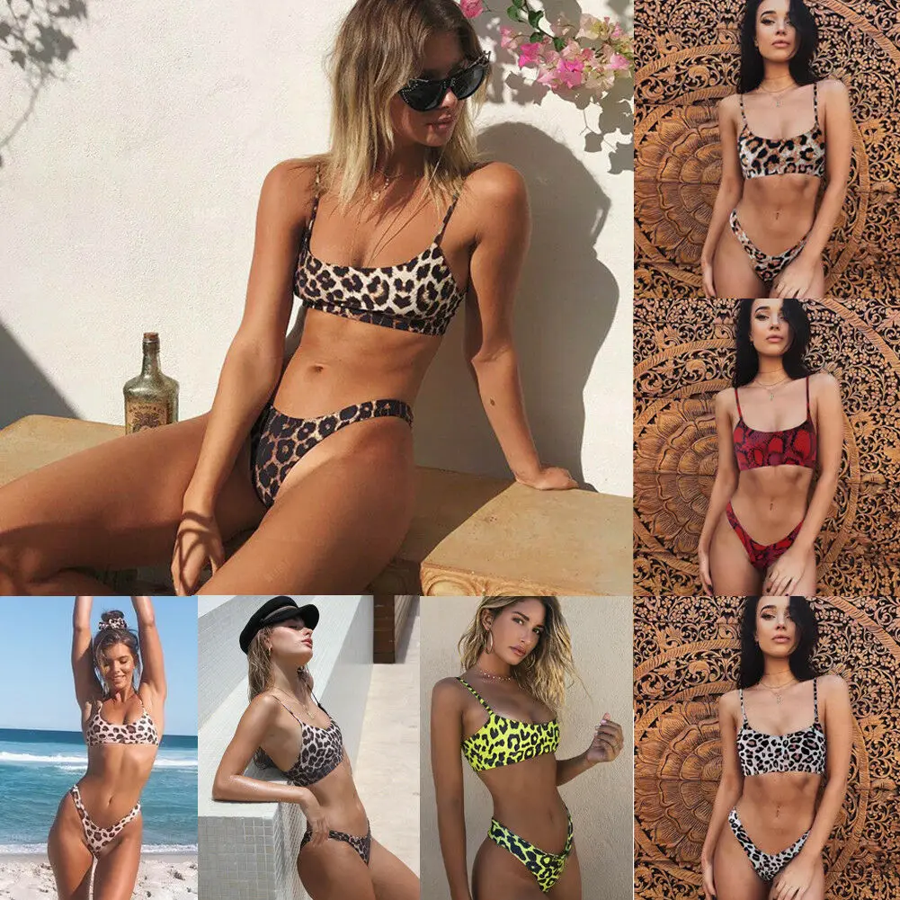 

Fashion Women Sexy Padded Push Up Swimming Suit Leopard Strap High Waist Swimsuit Swimwear Bikini Sets