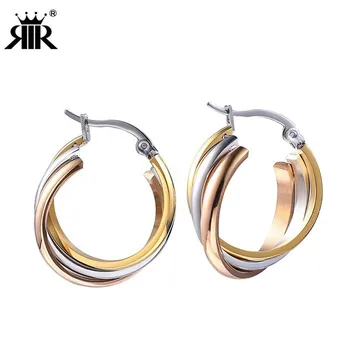 

RIR New Trendy Stainless Steel Trinity Earrings Stud Hoop Earring Three Layers Colors Engagement Ear Piercing Jewelry For Women