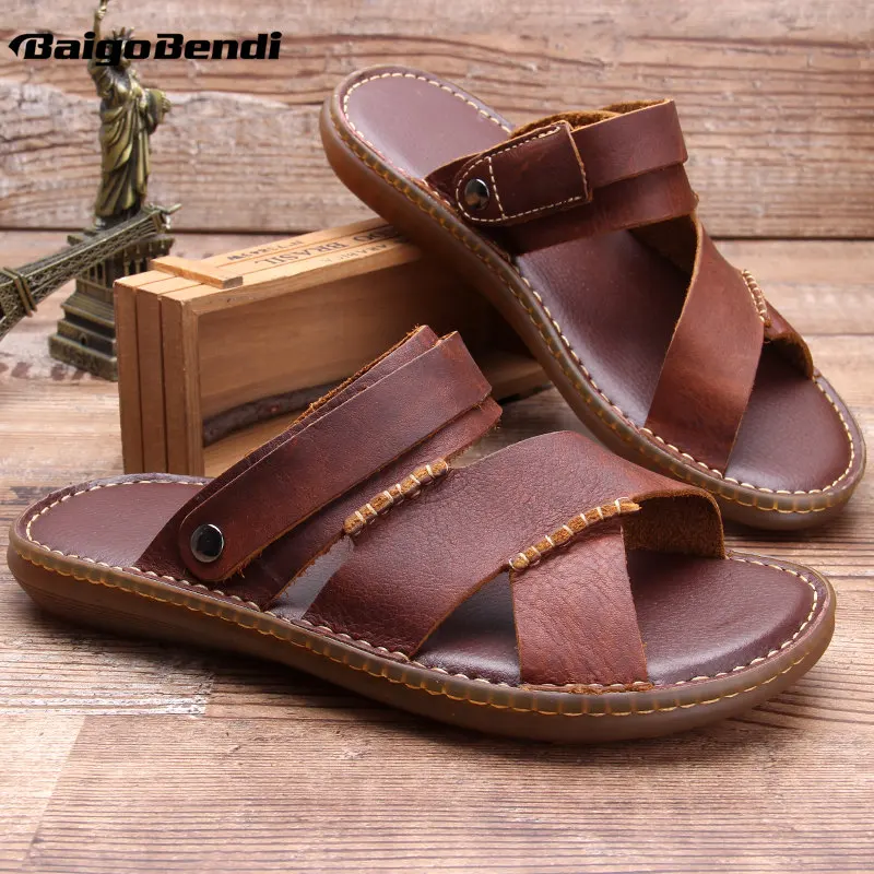 

Summer Must Have Men Slides Shoes Cow Leather Outdoor Casual Slippers Business Man Beach Shoes Wear In Two Ways