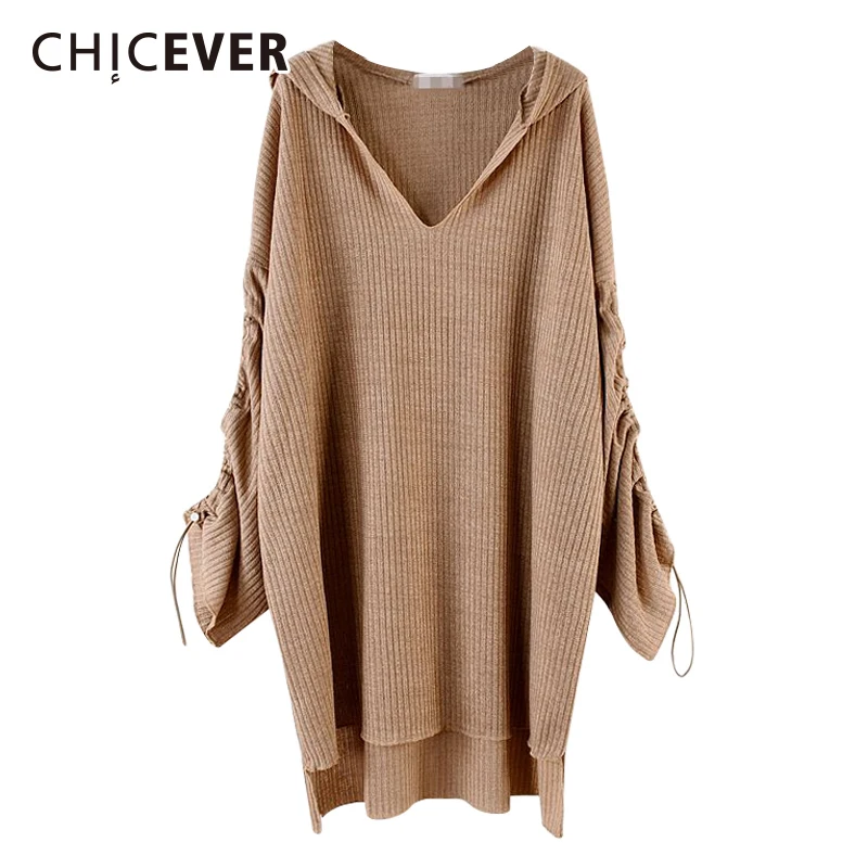 

CHICEVER Autumn Striped T-shirts For Women Hooded V Neck Flare Sleeve Loose Oversize Long Knitting Tops Female T-shirt 2019 New