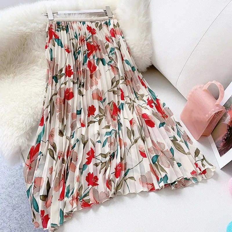 

Hot Sale Women Flower Print Chiffon Skirts Female Vintage High Quality Midi Plated Skirts