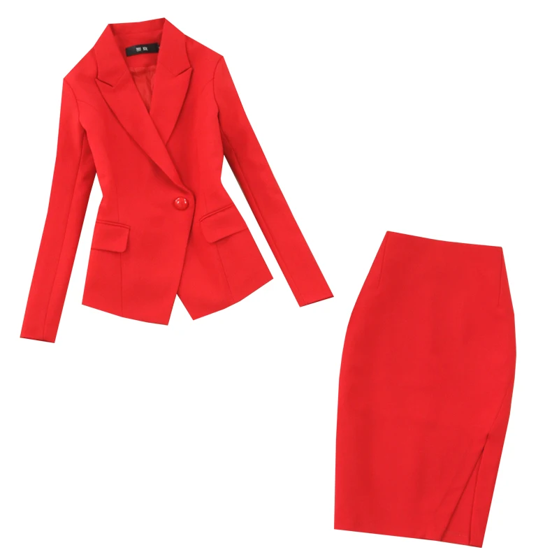 

Set female spring and summer new fashion OL professional office ladies red suit + bag hip split skirt elegant two-piece