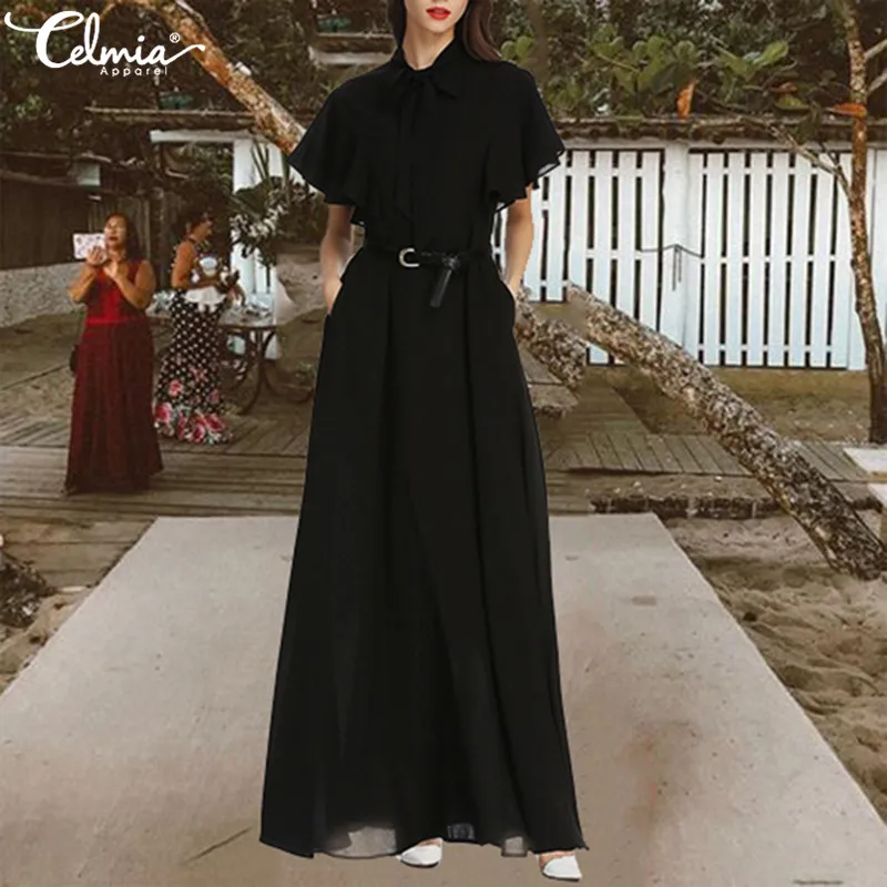 

Plus Size 2019 Celmia Summer Elegant Women Maxi Long Dress Bow Ruffle Sleeve Sundress Casual Solid Pleated Party Vestidos Robe