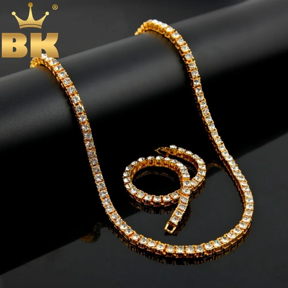 

THE BLING KING 1 Row Iced Tennis Chains & Bracelet Fashion Hiphop Jewelry Set Gold /White Gold 5mm Necklace Full Rhinestones