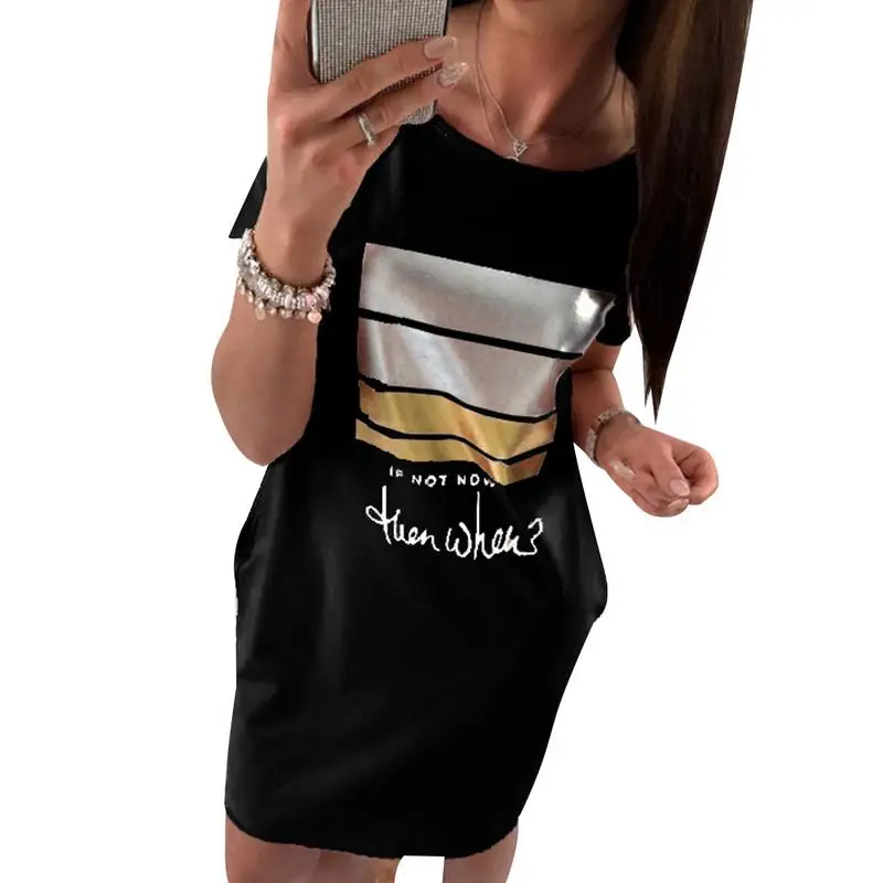 

Summer Women Dress Letter Printed Short Sleeve O Neck Loose Plus Size Dress Solid Color Simple Casual Street Party Dress Black