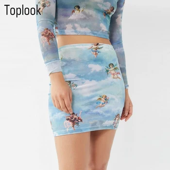 

New Angel Print Skirts Women Sexy Cute Mesh Hip Push Up Pencil Party Club Mujer Butt Spring Summer Elegant Skirt 2019