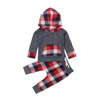 

2PCS Newborn Baby Boy Girl Long Sleeve Hooded Tops Plaid Pant Trouser Outfits Autumn Clothing Set
