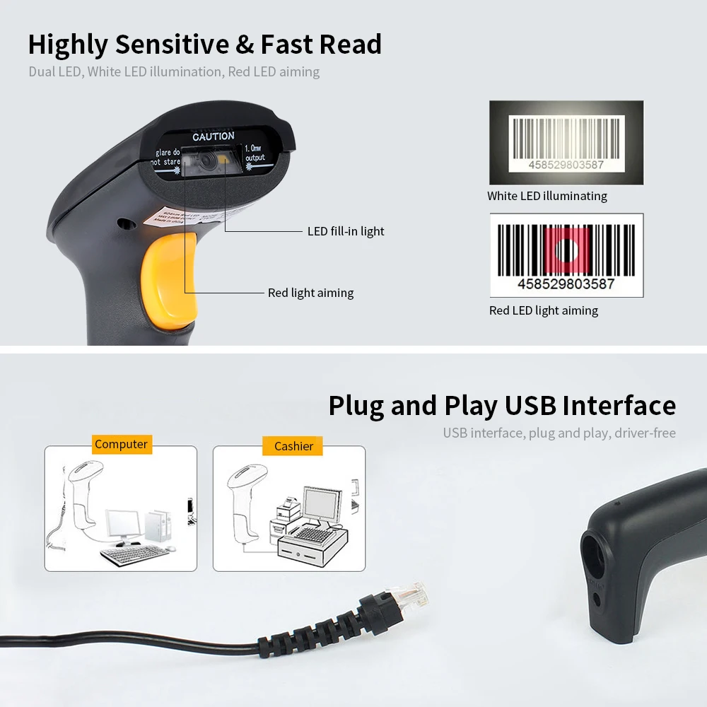 Проводной сканер штрих кода USB универсальный qr код 1D и 2D считыватель кодов для