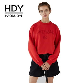 

HDY Haoduoyi Women Red Letter Embroidered Thread Long-Sleeved Pullovers Sweatshirt Streetwear New Autumn