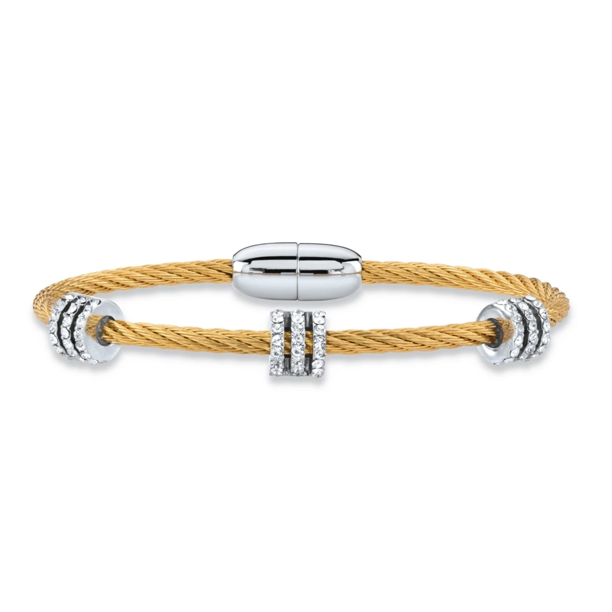 Cubic Zirconia Silvertone And Gold-colored Tone Barrel Bead Magnetic Twisted Cable Bracelet 7&quot (.72 Cttw) | Украшения и